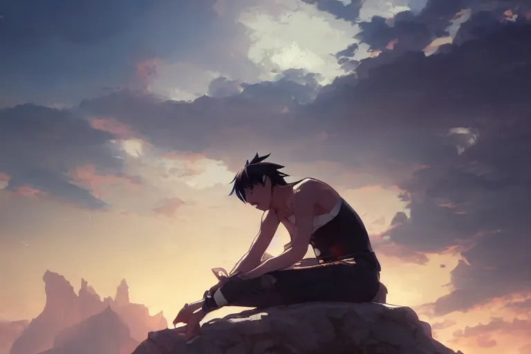 Prompt: king sitting on his obsidian throne, single subject, scenic full shot, ambient lighting, detailed face, by makoto shinkai, stanley artgerm lau, wlop, rossdraws