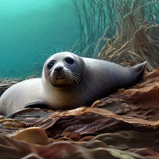 Image similar to A seal sleeping peacefully in a kelp forest, cinematic, hyper realistic, detailed, 8k, octane render.