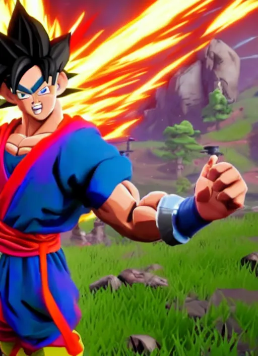 Image similar to game still of a sayan goku as a fortnite skin in fortnite by fortnite, pose.