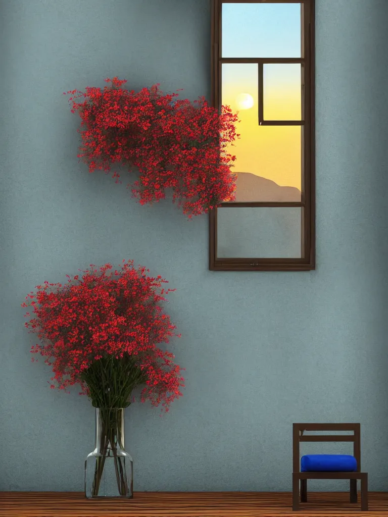 Image similar to a old house window with a vase of red flowers with view to a sunrise, blue wall, a wooden chair near the window, concept art, octane render, unreal engine 5, trending on deviantart, highly detailed, high quality, hd, digital painting, masterpiece, geometric, symmetrical, low contrast, beautiful, serene landscape, high coherence, natural lighting