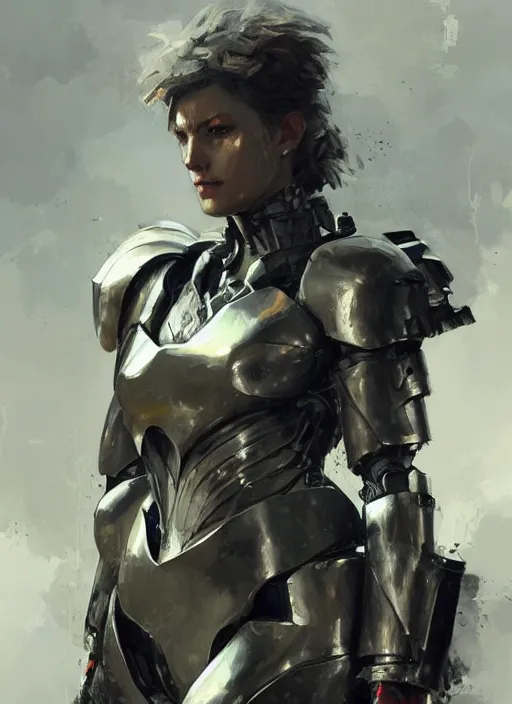 Prompt: epic woman portrait in armour made out of strongest metal gear by greg rutkowski and craig mullins