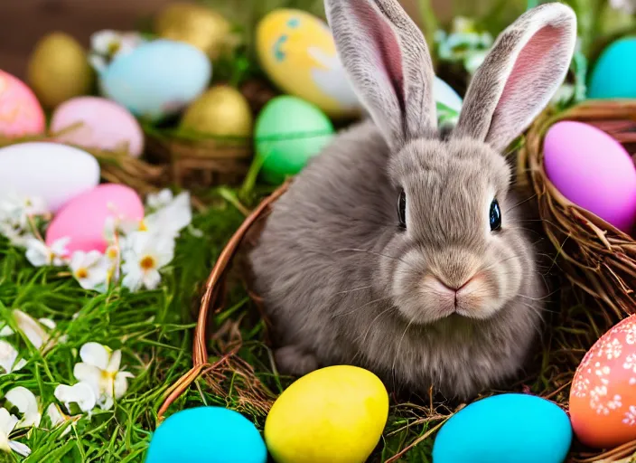 Prompt: a 3 5 mm photo of a cute fluffy lop eared bunny sitting in an easter basket full of colorful easter eggs, bokeh, canon 5 0 mm, cinematic lighting, film, photography, golden hour, depth of field, award - winning