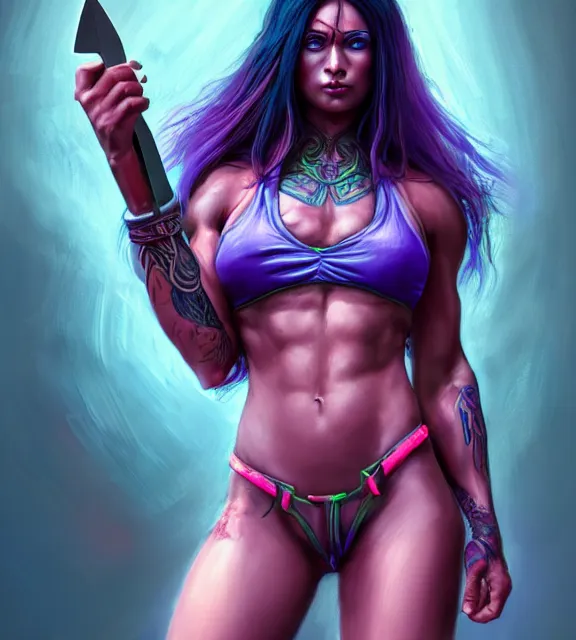 Prompt: muscular female warrior holding knife hilt, perfect face, diadem, detailed neon tattoos, neon bikini armor, purple flowing hair, abs, cinematic, blush, stunning, athletic, strong, agile, highly detailed, psychedelic, digital painting, artstation, smooth, hard focus, rim lighting, back lighting, illustration, art by jessica rossier and and brian froud