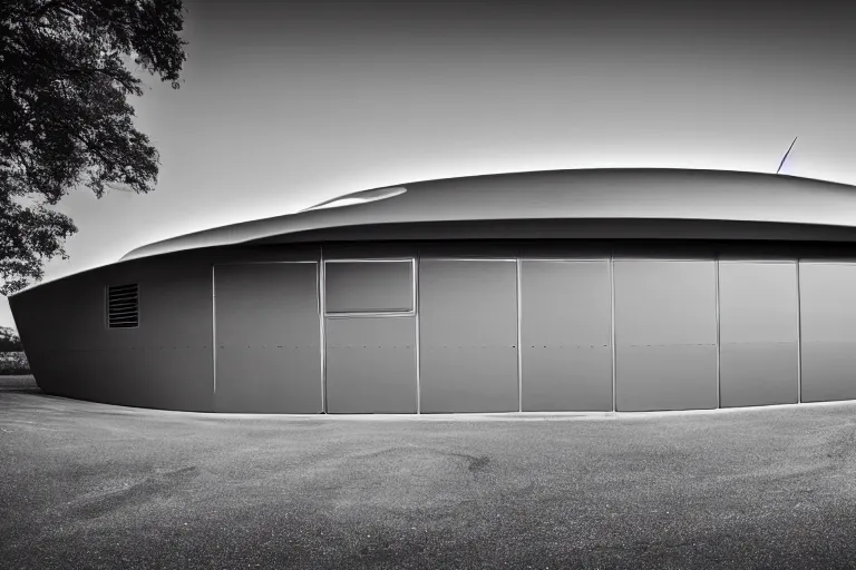 Prompt: A professional garage photograph of a futuristic space ship made of a slick metallic substance.