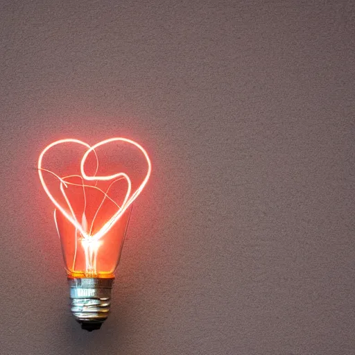 Prompt: edison bulb glowing with a heart-shaped filament, minimalist, ephemeral, stock photo, Sony a7R