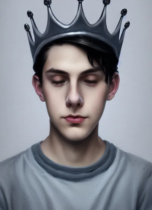 Image similar to portrait of teenage jughead jones wearing a light grey crown, photorealistic, crown, eyes closed, crown, black hair, intricate, elegant, glowing lights, highly detailed, digital painting, artstation, concept art, smooth, sharp focus, illustration, art by wlop, mars ravelo and greg rutkowski