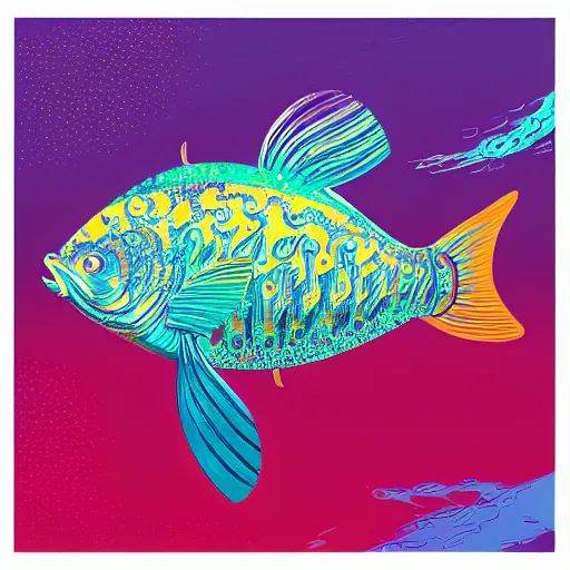 Image similar to one stylized fish with saturated colors viewed in profile in the ocean filled with very desaturated colors and complex sparkles and patterns, artstation, intricate, realistic, highly detailed, digital painting, concept art, sharp focus, illustration by tom whalen and charles williams and kilian eng and james jean