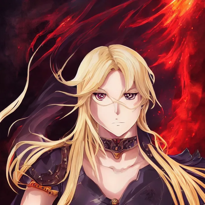 Prompt: portrait of the blond knight of flames, anime fantasy illustration by tomoyuki yamasaki, kyoto studio, madhouse, ufotable, trending on artstation