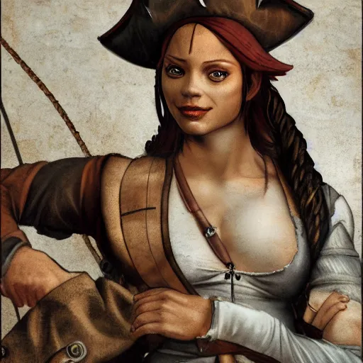 Prompt: fierce, happy, female pirate captain, fully clothed, art by michelangelo. detailed. 8 k