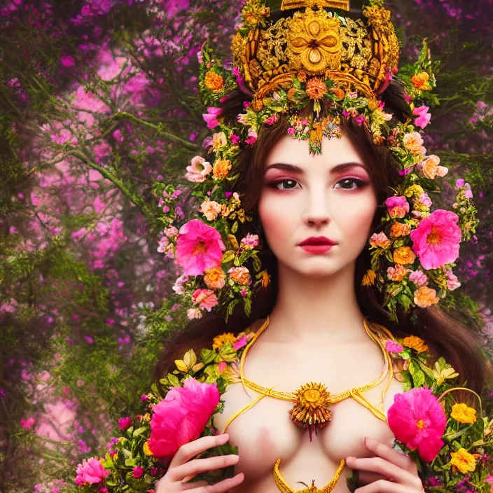 Prompt: photograph of a real-life beautiful flower goddess with ornate robes. Extremely detailed. 8k