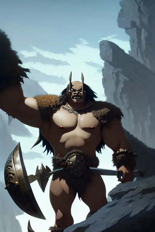 Image similar to orc barbarian wearing leather armor, full body shot, exquisite details, earth magic, mid view, design on a white background, by greg rutkowski, makoto shinkai, takashi takeuchi, studio ghibli