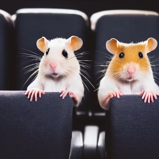 Image similar to photo of two hamsters, holding paws, on a cinema seat, various poses, unedited, dim light, sharp focus, 8 k