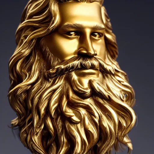 Image similar to a flawless, purely golden sculpture of a man with long hair, with trimmed beard, smiling widely, casting golden light. entirely golden statue, extremely detailed, full-body statue, award-winning art, trending on Artstation