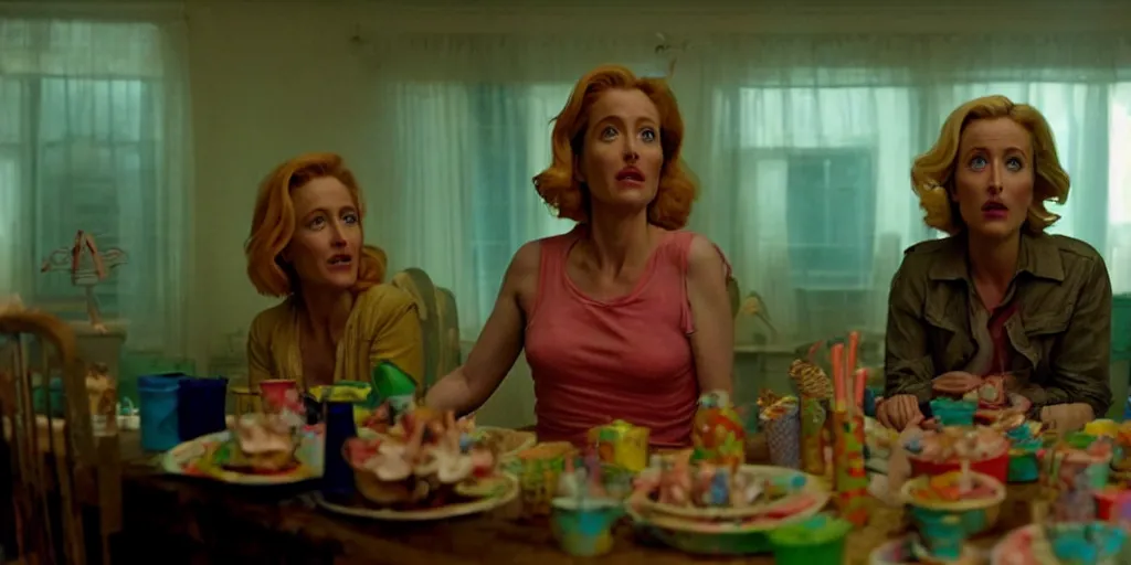 Prompt: a scene from a quirky, bright and cheerful post - apocalyptic movie, starring gillian anderson that fights the dread by decorating the world with kitchy party decorations by director wes andersson and, blue - ray screenshot, filmed by roger deakins