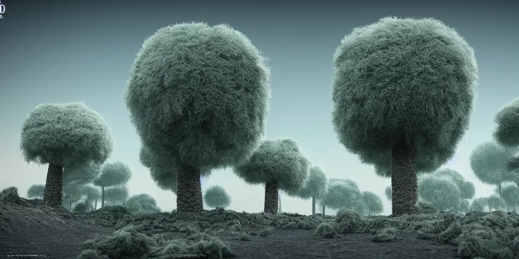 Image similar to photorealistic 3D art of dystopian landscape with fluffy trees, 4k, extremely detailed, ultra realistic, by Annibale Siconolfi, Maxon Cinema 4D, Otoy Octane, Adobe Photoshop, Adobe After Effects, complex 3D scene