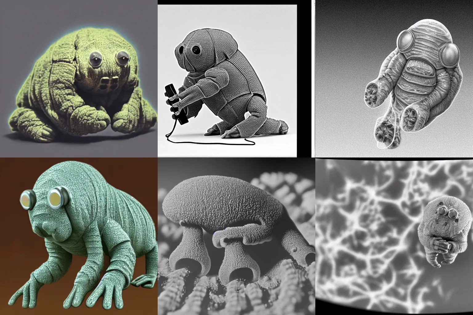 Prompt: Tardigrade making a phone call, electron microscope view,