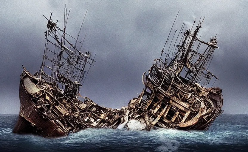 Image similar to “Pirate ship wreck falling from the sky, 4k, cinematic, award winning”