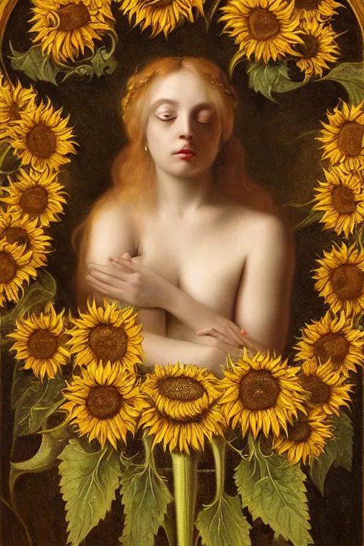 Prompt: hyper realistic painting portrait of the lady of sunflowers, occult diagram, elaborate details, rococo, baroque, gothic, intrincate ornaments, gold decoration, caligraphy, occult art, illuminated manuscript, oil painting, art noveau, in the style of roberto ferri, gustav moreau, jean delville, bussiere, andrew gonzalez, jim harter