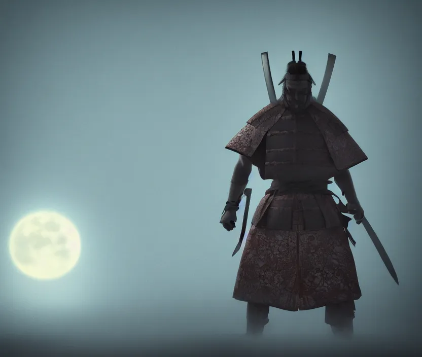 Image similar to 'a samurai! haunted by souls and ghosts with a big full moon on background , gloomy and foggy atmosphere, octane render, artstation trending, highly detailded'