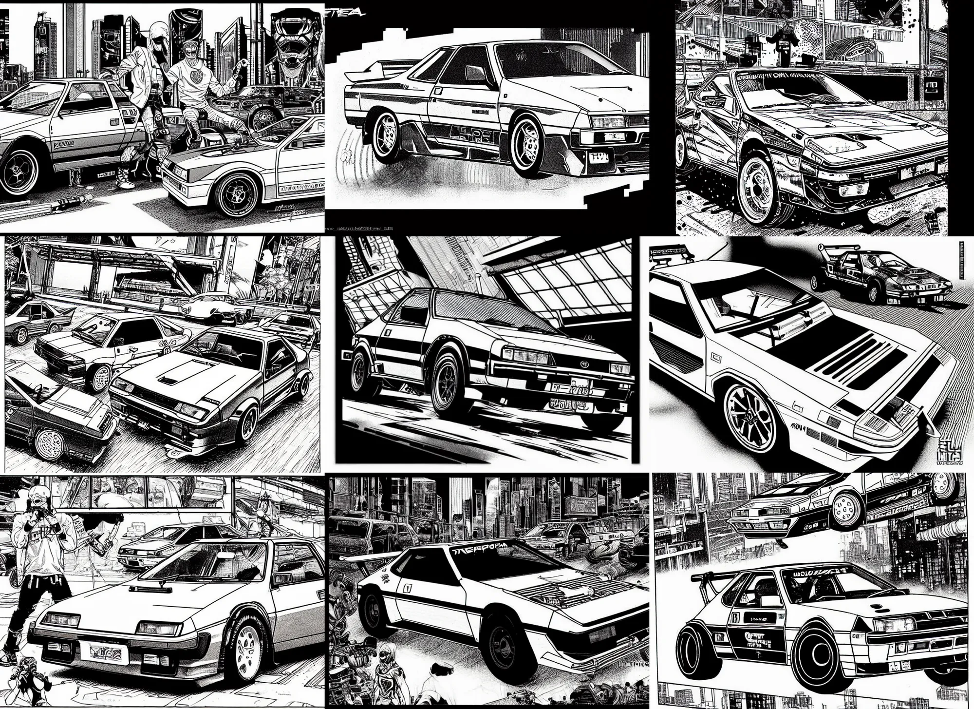 Prompt: toyota ae 8 6, cyberpunk 2 0 2 0 manual, by steampoweredmikej, by tim bradstreet, inktober, ink drawing, black and white, coloring pages, manga, highly detailed