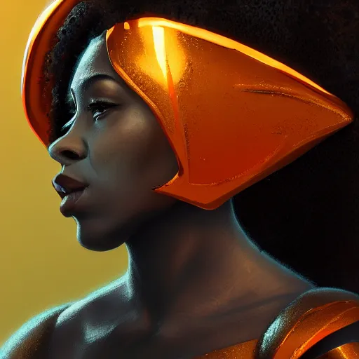 Image similar to side profile portrait of an african american woman with an orange glow on her face medieval metallic knight armor, artstation, cgsociety, masterpiece, dark fantasy