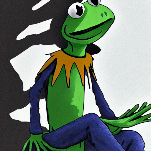 Image similar to Kermit the frog as an anime character, in the style of TV anime afro samurai, sitting near a river, Key Frame, Top rated of pixiv, High Detail, Medium Shot, Studio Bones, Dusk