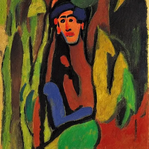 Image similar to painting of a iraqi boy, in a jungle, by alexej von jawlensky