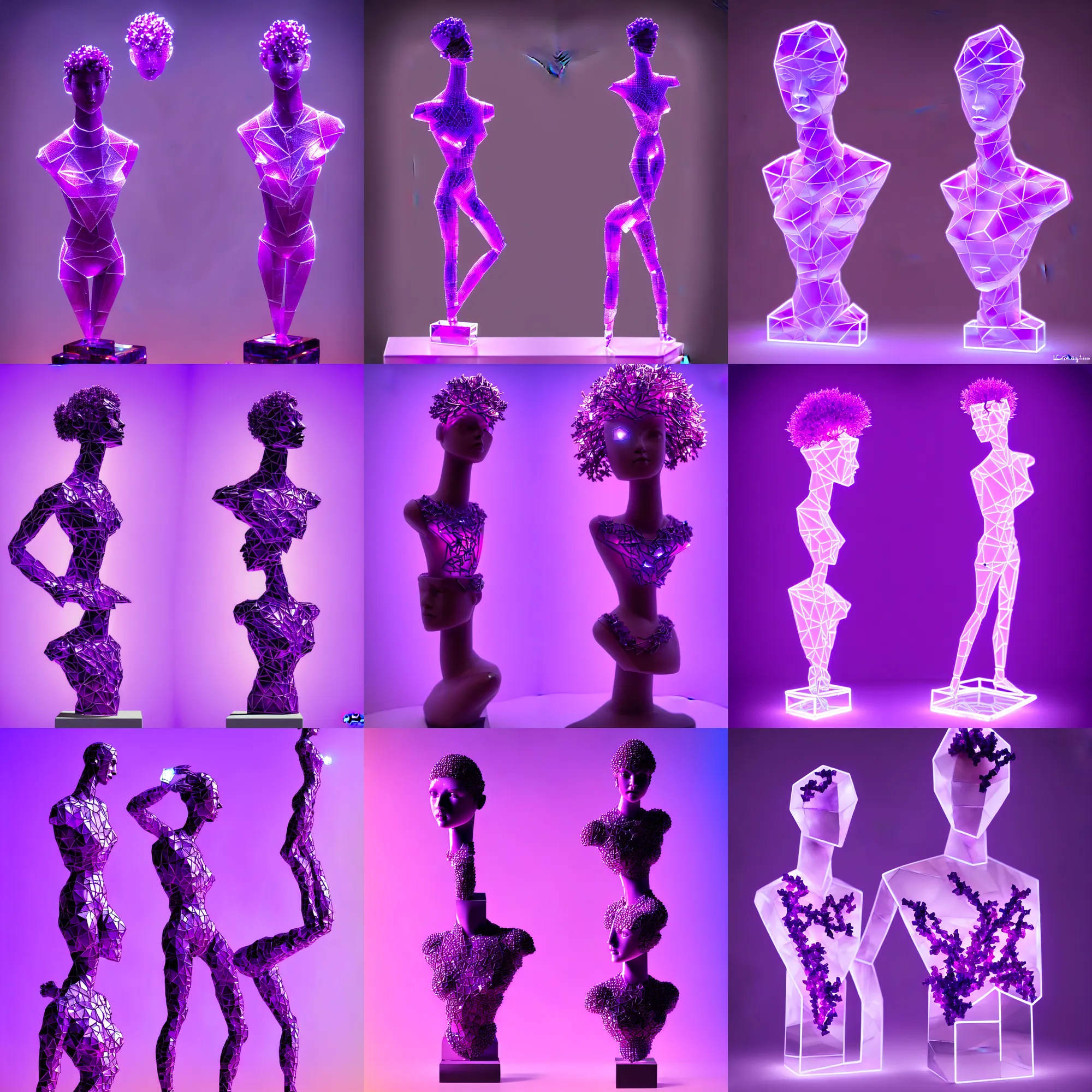 Image similar to beautiful mannequin sculpted out of amethyst by billelis + lit with purple 3 d geometric neon + chrome geometric cubed bonsai plants!!!!, doorway opening with neon pink geometric light, clean linework, dramatic, finely detailed, rule of thirds, moody, confident, award winning, 4 k, trending on artstation, photorealistic, volumetric lighting, octane render