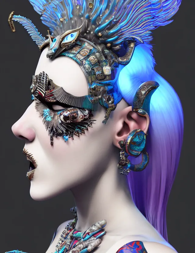 Image similar to 3 d goddess close - up profile portrait russian punk with mohawk with ram skull. beautiful detailed japanese crow kitsune mask and clasical japanese kimono. betta fish, jellyfish phoenix, bio luminescent, plasma, ice, water, wind, creature, artwork by tooth wu and wlop and beeple and greg rutkowski