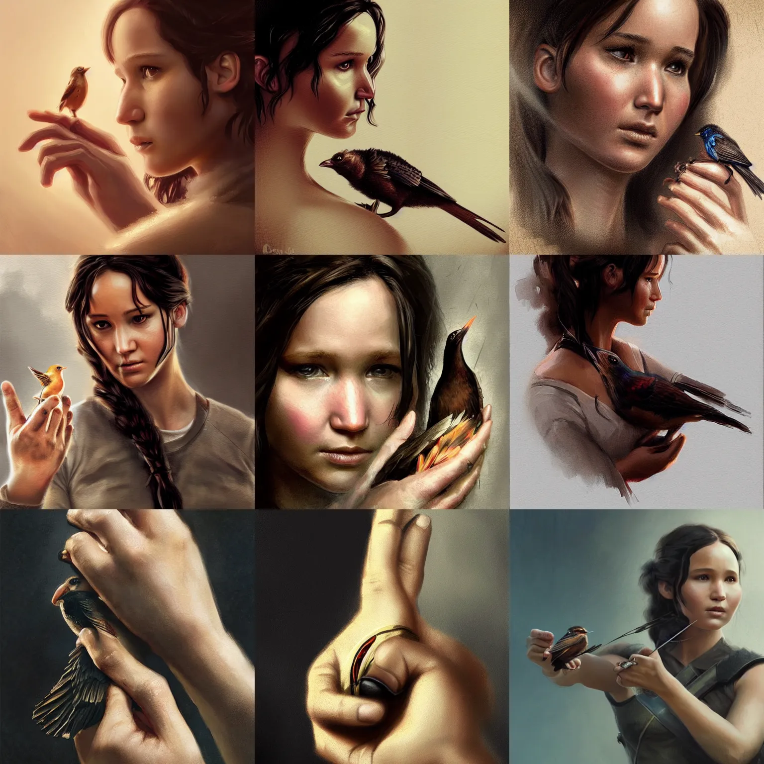 Prompt: Katniss Everdeen holding a bird in her handpalm, closeup of hand, digital portrait by Greg Rutkowski