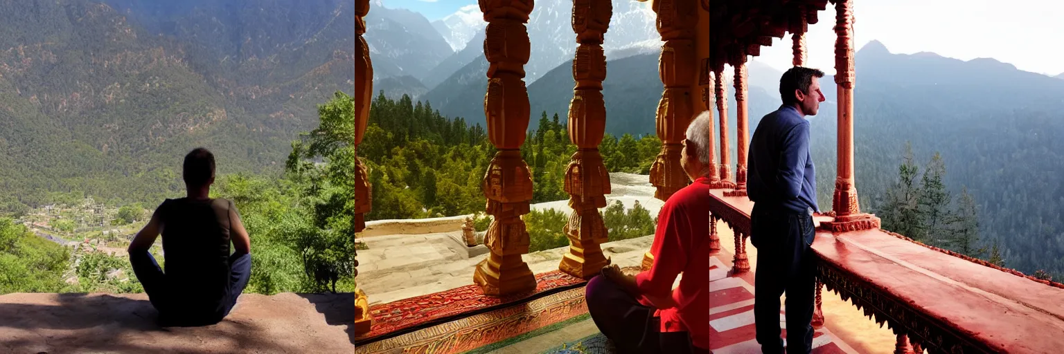 Prompt: Sam Harris in a indian temple looking out over the mountains