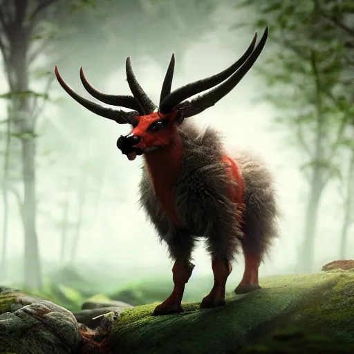 Image similar to ultrarealistic creature fluffy animal with horns and short legs and arms and red eyes, forest scene, octane render, highly detailed, cinematic lightning, epic fantasy style art