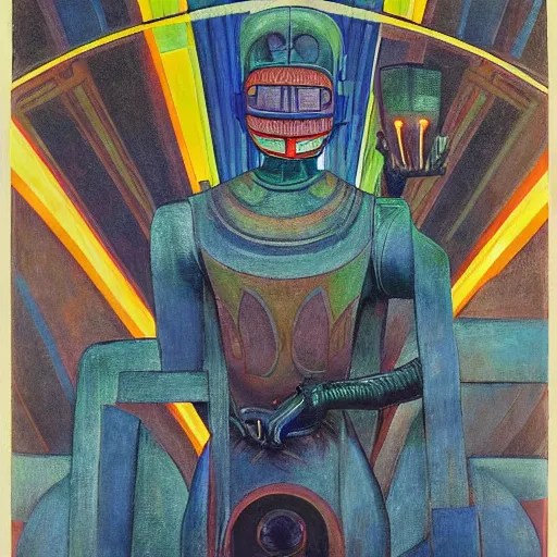 Image similar to the crow in her robot mask stands on the lawn, by annie swynnerton and kit williams and diego rivera and leo and diane dillon and nicholas roerich, symbolist, dramatic lighting, elaborate geometric ornament, art brut, god rays, soft cool colors, smooth, sharp focus, extremely detailed, adolf wolfli