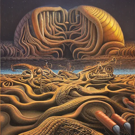 Prompt: SIRENS by jacek yerka, alex gray, zdzisław beksiński, dariusz zawadzki, jeffrey smith and h.r. giger, oil on canvas, 8k highly professionally detailed, trending on artstation