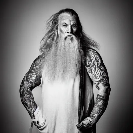 Prompt: Gandalf the grey with tattoos and a mohawk, studio portrait photography, moody lighting