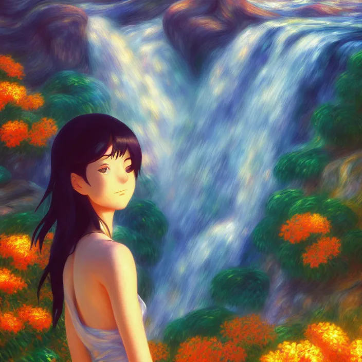 Image similar to an epic makoto shinkai and renoir surreal landscape of a woman's hair mixed with a waterfall, 🌺, golden hour, ultra smooth, lois van baarle, ilya kuvshinov, unreal engine, blender, trending on artstation, suntur, caleb worcester, highly detailed, photorealism, bloom effect 8 k