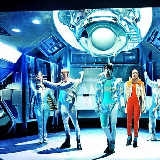 Image similar to a photo still of the Broadway production 'Future World 2050'. Spaceship scene.