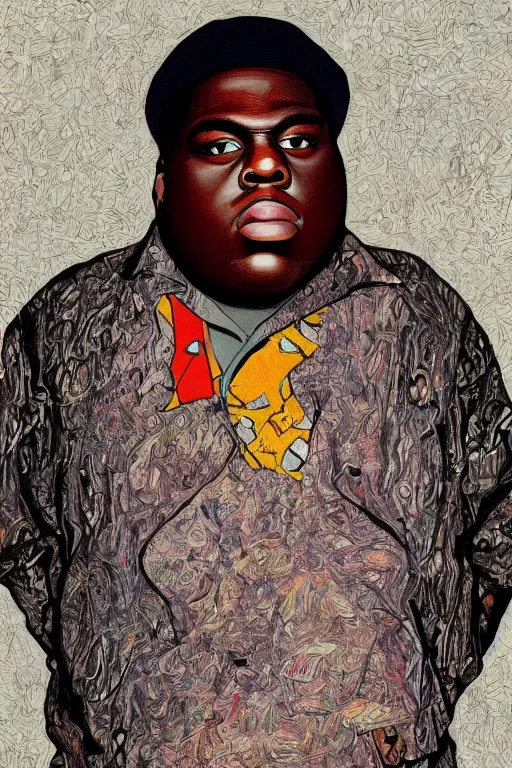 Image similar to a full body portrait of biggie smalls in style of egon schiele, masterpiece, hyperdetailed, complex, intricate, 4 k, trending on artstation