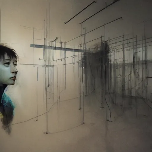 Image similar to portrait of lain iwakura connected to a room full of cables computers and displays by ruan jia and joao ruas. atmospheric