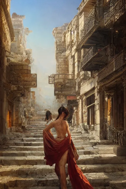 Image similar to antique greek city, portrait, powerfull, intricate, elegant, volumetric lighting, scenery, digital painting, highly detailed, artstation, sharp focus, illustration, concept art, ruan jia, steve mccurry