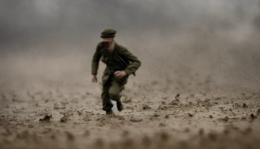 Prompt: screaming World War 1 soldier running away, wartorn landscape, lots of mud puddles and craters, bullet motion blur, dirty lens, cinematic lighting, IMAX close-up of face, cinematography, 35mm