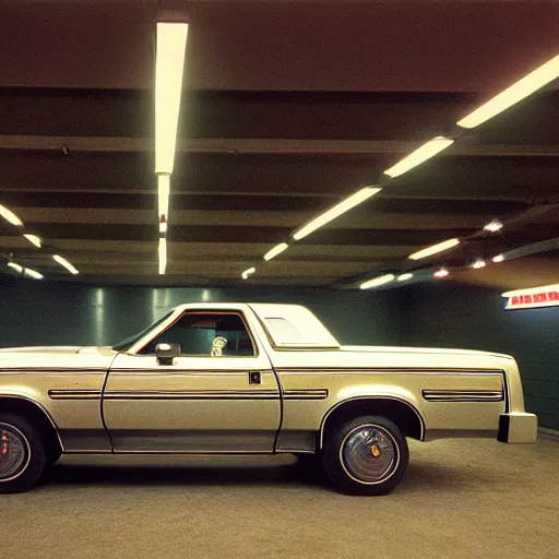 Prompt: 1979 Ford Thunderbird Bronco, inside of an auto dealership, ektachrome photograph, volumetric lighting, f8 aperture, cinematic Eastman 5384 film