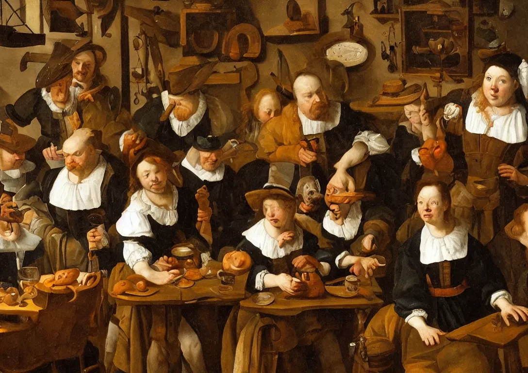 Image similar to Jan Steen. One Beautiful woman big in the center looking at us. Pig, dog, duck, window. Netherlands tavern, low ceiling, small chamber. Hyperrealistic, ultra detailed, 80mm, museum, artwork.