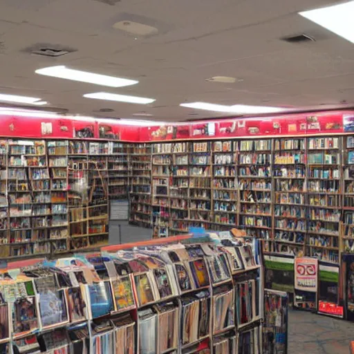 Image similar to photograph of the inside of a DVD shop, detailed