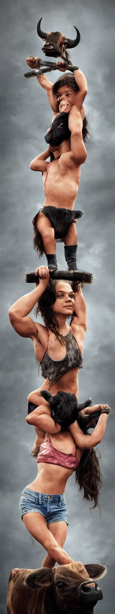 Image similar to little bodybuilder mila kunis lifting a cow, wlop, steve argyle, ilya kuvshinov, ralph horsley, rossdraw, mark ryden, daniel f. gerhartz, sophie anderson, lilia alvarado, tom chambers