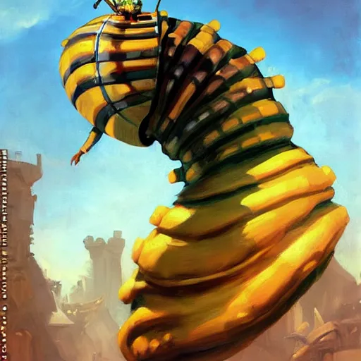 Image similar to greg manchess portrait painting of partially armored caterpillar from alice in wonderland as overwatch character, wacky, medium shot, asymmetrical, profile picture, organic painting, sunny day, matte painting, bold shapes, hard edges, street art, trending on artstation, by huang guangjian and gil elvgren and jesper ejsing