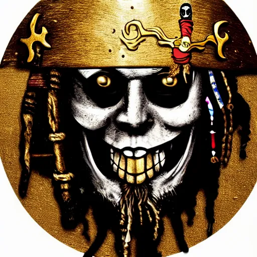 Image similar to a potrait of pirates, king of pirates, gold teeth, crazy hair, wearing armor, flag on his back, 1 6 0 0 century, jack sparrow, black beard, one piece, photo realistic, in a circle, nft style, dust, grain, scretch on picture, noise, deep focus, high detail