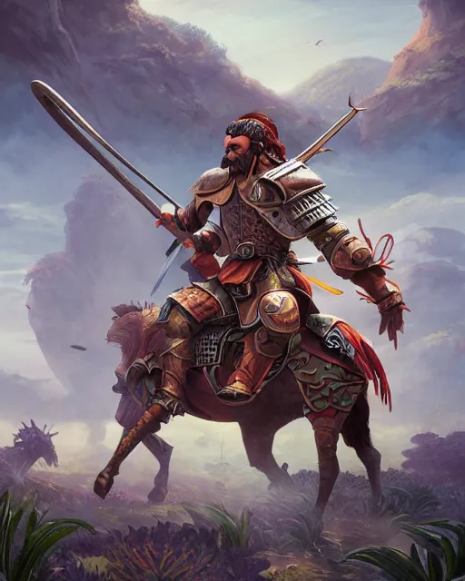 Prompt: ultrarealistic illustration of a spanish conquistador in battle, symmetrical, by daniel zrom and mingchen shen, studio ghibli color scheme, detailed, handsome, anatomy, sharp focus, photography, magic : the gathering, octane, cinematic lighting, facial features, jungle