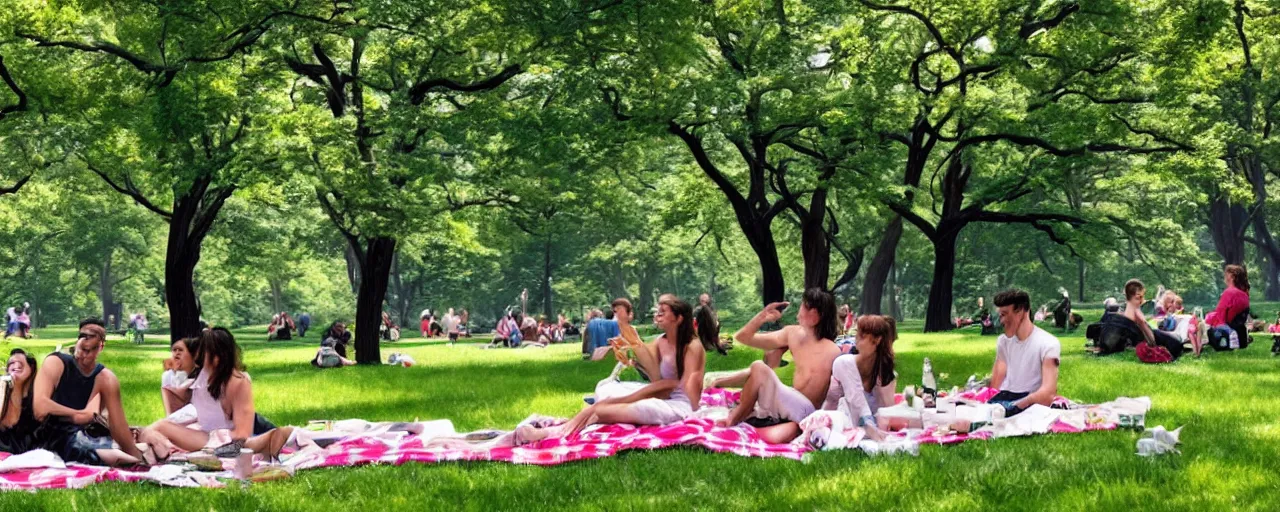 Prompt: a young generation z group of friends having a picnic in a central park manhattan new york on friday mid - summer of 2 0 2 2, in the style of an edward hopper painting