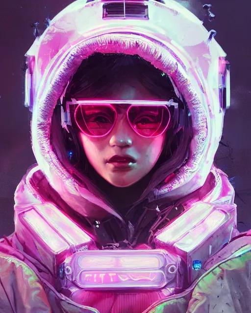 Prompt: detailed portrait Neon fighter Girl, cyberpunk futuristic neon, reflective puffy coat, decorated with traditional Japanese ornaments by Ismail inceoglu dragan bibin hans thoma greg rutkowski Alexandros Pyromallis Nekro Rene Maritte Illustrated, Perfect face, fine details, realistic shaded, fine-face, pretty face